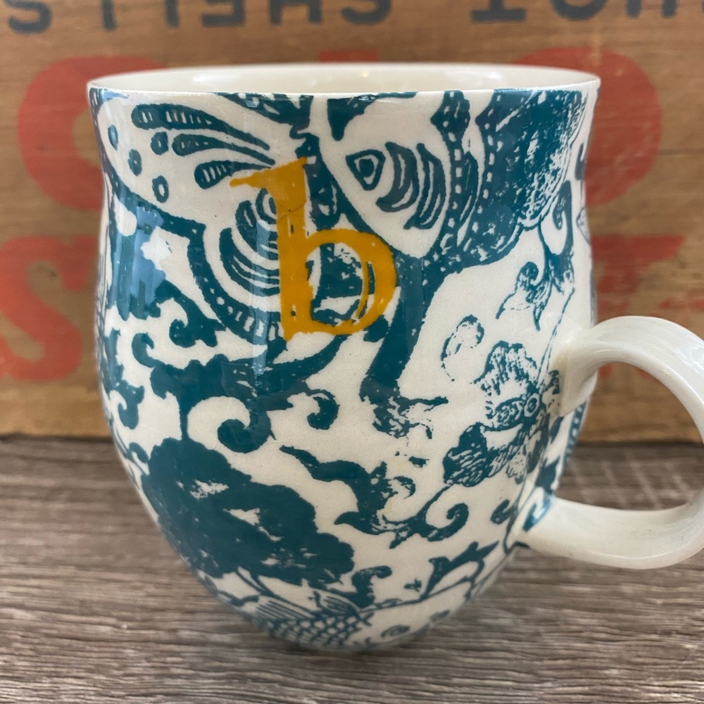 Anthropologie Turquoise Floral Monogram Mug “B”